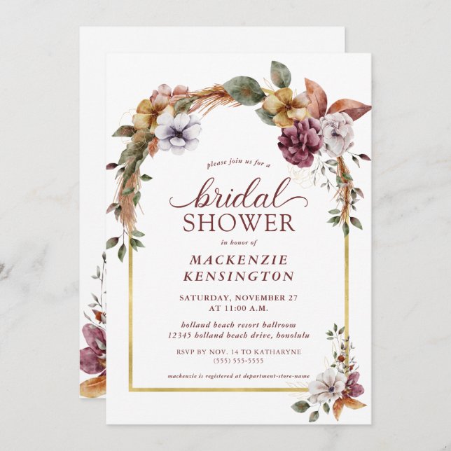 Modern Elegant Boho Floral Arch Bridal Shower Invitation (Front/Back)