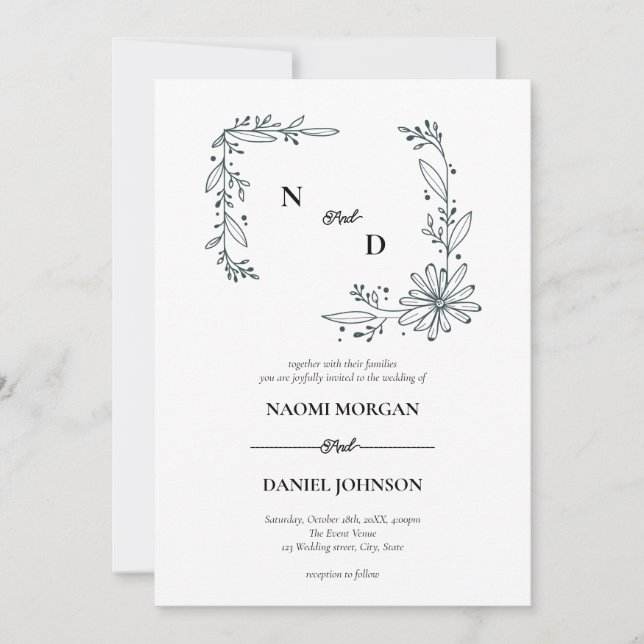 Modern elegant botanical crest monogram invitation (Front)