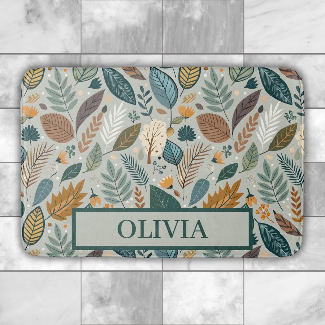 Modern Elegant Botanical Leaves Pattern Bath Mat (Creator Uploaded)
