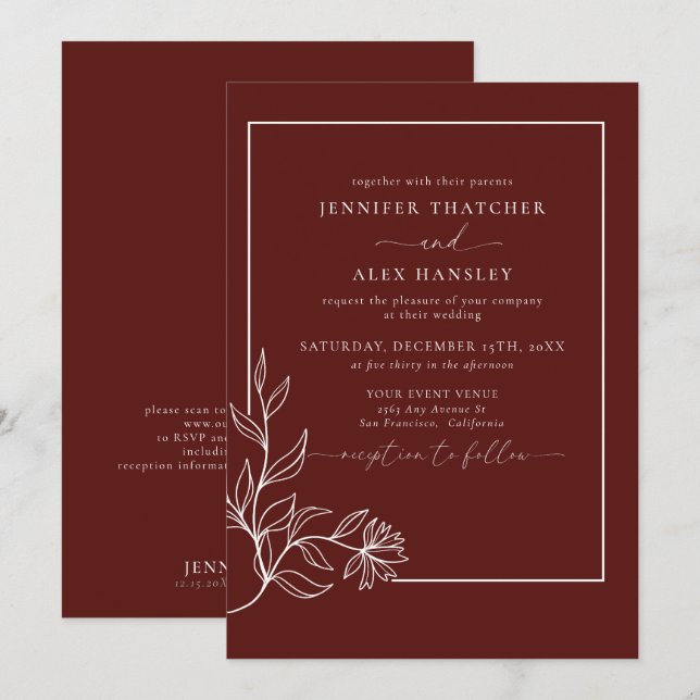 Modern Elegant Botanical Leaves QR Code Wedding In Invitation (Front/Back)