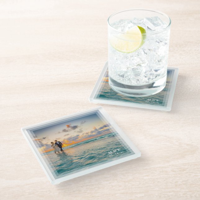 Modern Elegant Bride and Groom Photo Wedding Party Glass Coaster (Angled)