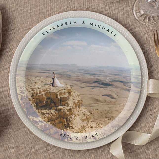 Modern Elegant Bride and Groom Wedding Photo Paper Plate (Creator Uploaded)
