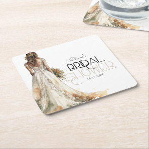 Modern Elegant Bride in Wedding Gown Bridal Shower Square Paper Coaster
