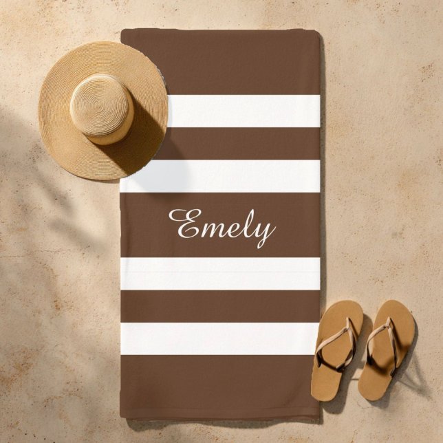 Modern Elegant Brown And White Stripes Pattern Beach Towel (Custom Name Modern Elegant Brown And White Stripes Pattern Beach Towel)