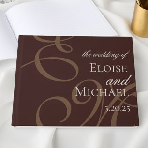 Modern Elegant Brown Monogram Calligraphy Wedding Guest Book