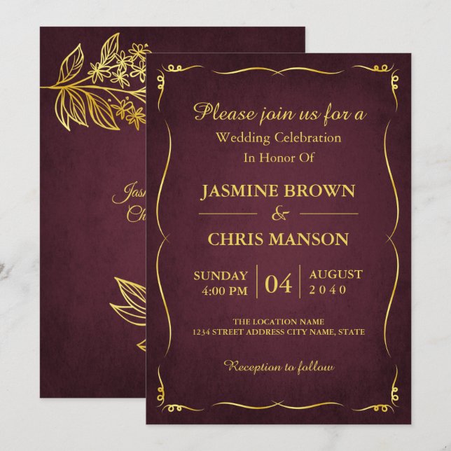  Modern Elegant Burgundy And Gold Wedding Invitati Invitation (Front/Back)