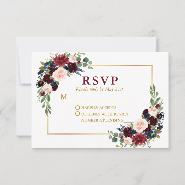 Modern Elegant Burgundy Blue Floral Wedding Gold  RSVP Card (Front)