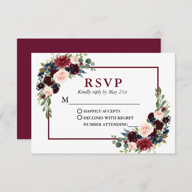 Modern Elegant Burgundy Blue Floral Wedding RSVP Card (Front/Back)