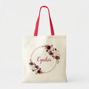 Modern Elegant Burgundy Floral Classy Monogram Tote Bag