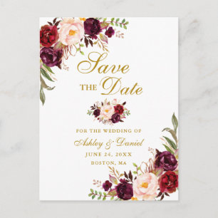 Modern Elegant Burgundy Floral Gold Save the Date Announcement Postcard