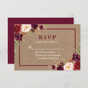 Modern Elegant Burgundy Floral Kraft Wedding RSVP Card