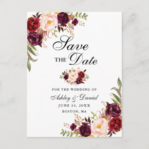 Modern Elegant Burgundy Floral Save the Date Blk Announcement Postcard
