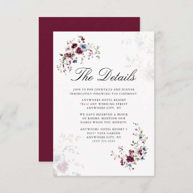 Modern Elegant Burgundy Floral Wedding Details Enclosure Card (Front/Back)