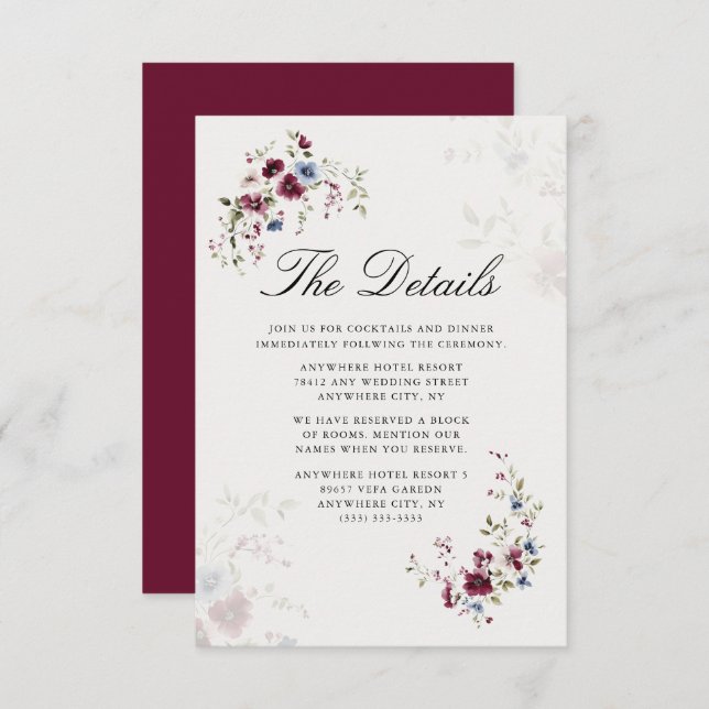 Modern Elegant Burgundy Floral Wedding Details Enclosure Card (Front/Back)
