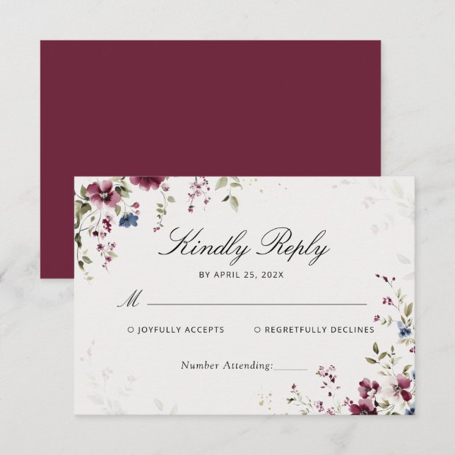 Modern Elegant Burgundy Floral Wedding RSVP Card (Front/Back)