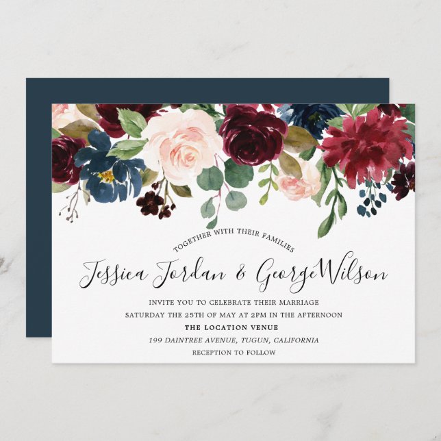 Modern Elegant Burgundy Garden Fall wedding Invite (Front/Back)