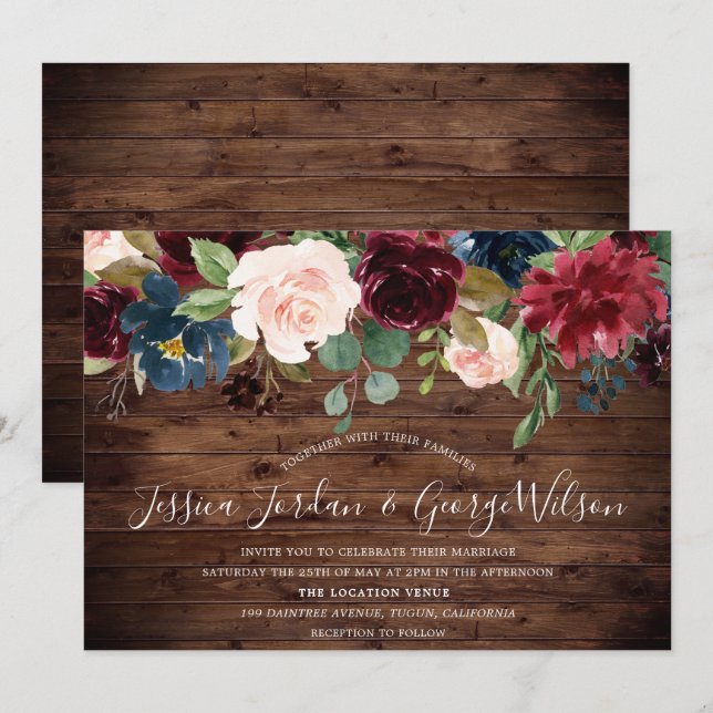 Modern Elegant Burgundy Garden Rustic Wedding Invitation (Front/Back)