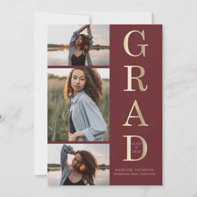 Modern Elegant Burgundy Gold 3 Photo Graduation Invitation (Front)