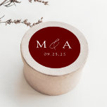 Modern Elegant Burgundy Monogram Wedding Classic Round Sticker<br><div class="desc">Elegant monogram wedding stickers featuring your initials displayed in white lettering on a burgundy background (or colour of your choice). Personalise the modern wedding stickers with your wedding date below. The burgundy monogram stickers are perfect for sealing wedding invitation envelopes,  wedding favours,  and more!</div>