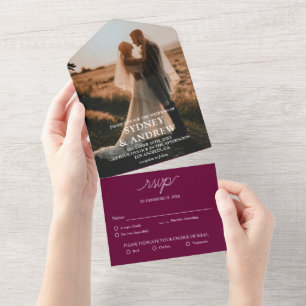 Modern Elegant Burgundy Photo RSVP Wedding All In One Invitation