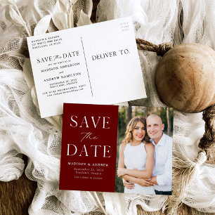 Modern Elegant Burgundy Photo Save the Date Announcement Postcard