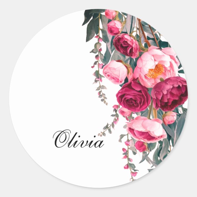 Modern elegant burgundy pink rose classic round sticker (Front)