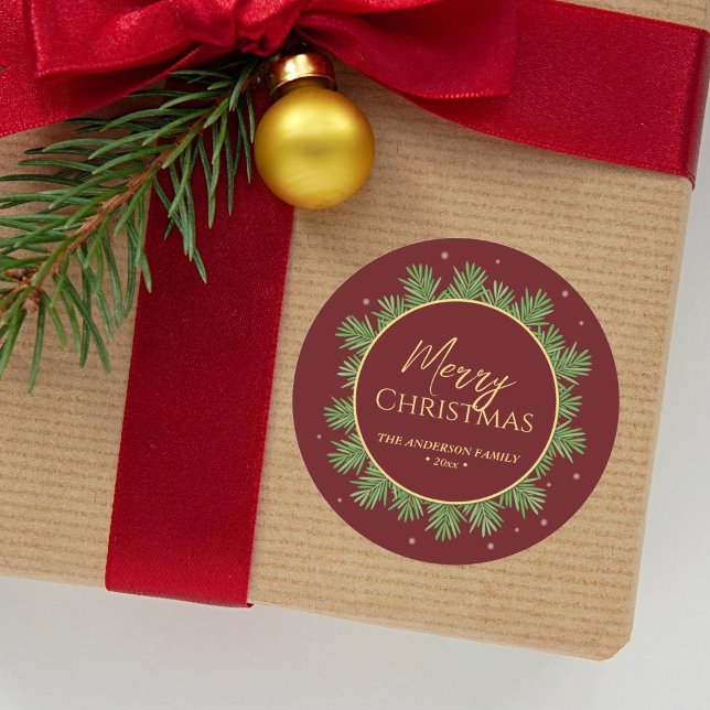 Modern Elegant Burgundy Red Christmas Botanical Classic Round Sticker (Creator Uploaded)