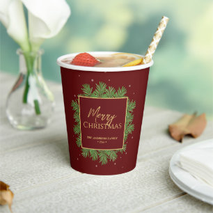Modern Elegant Burgundy Red Christmas Botanical Paper Cups