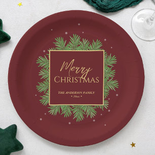 Modern Elegant Burgundy Red Christmas Botanical Paper Plate