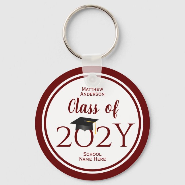 Modern Elegant Burgundy Red Typography Graduation Key Ring (Front)