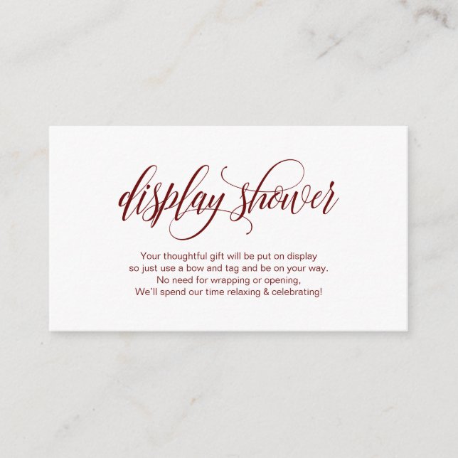 Modern elegant, Burgundy script, Display Shower Enclosure Card (Front)