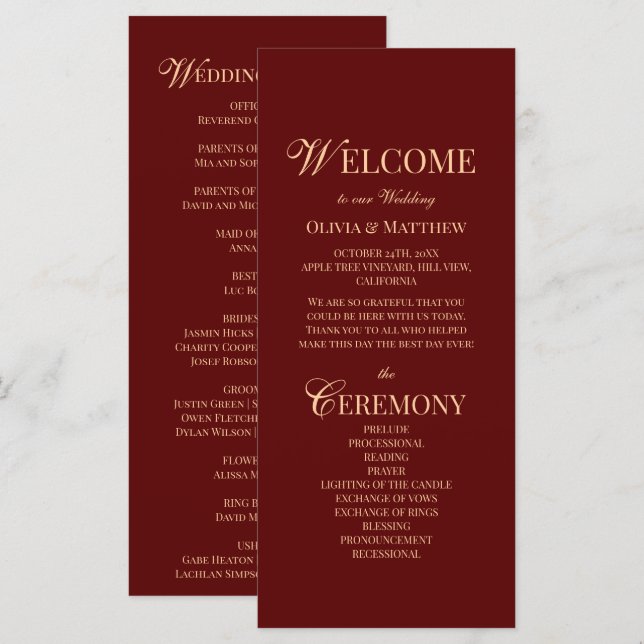 Modern Elegant Burgundy Wedding Program (Front/Back)
