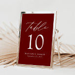 Modern Elegant Burgundy Wedding Table Numbers<br><div class="desc">Trendy, minimalist wedding table number cards featuring white modern lettering with "Table" in modern calligraphy script. The design features a burgundy background or a colour of your choice. The design repeats on the back. To order the burgundy table cards: add your name, wedding date, and table number. Add each number...</div>