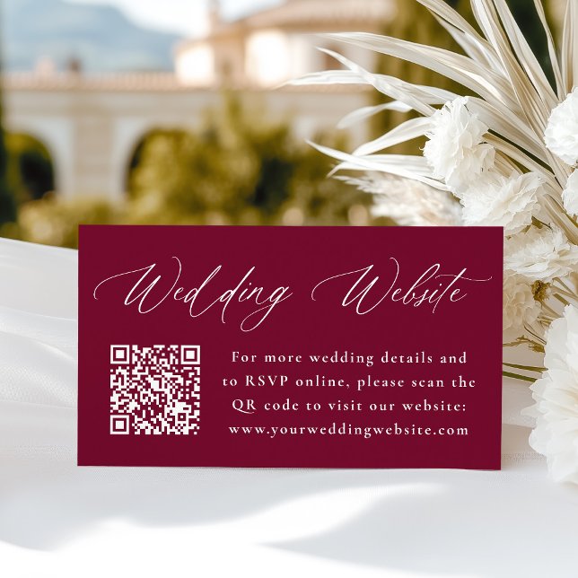 Modern Elegant Burgundy Wedding Website QR Code Enclosure Card (Creator Uploaded)