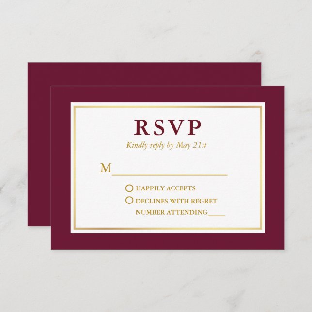 Modern Elegant Burgundy White Gold RSVP Card (Front/Back)
