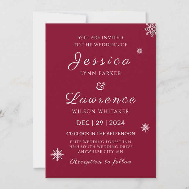 Modern Elegant Burgundy winter wedding  Invitation (Front)