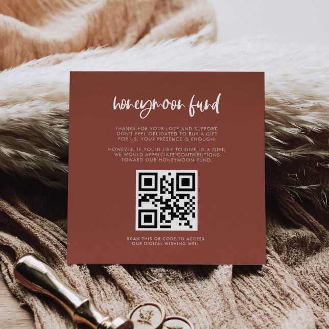 Modern elegant burnt brick Honeymoon fund QR code Enclosure Card (Creator Uploaded)