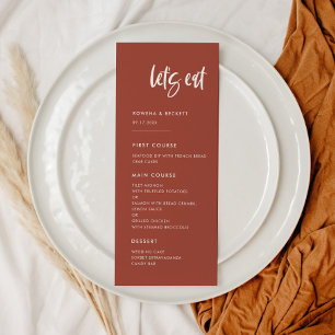 Modern elegant burnt brick Let's eat wedding Menu