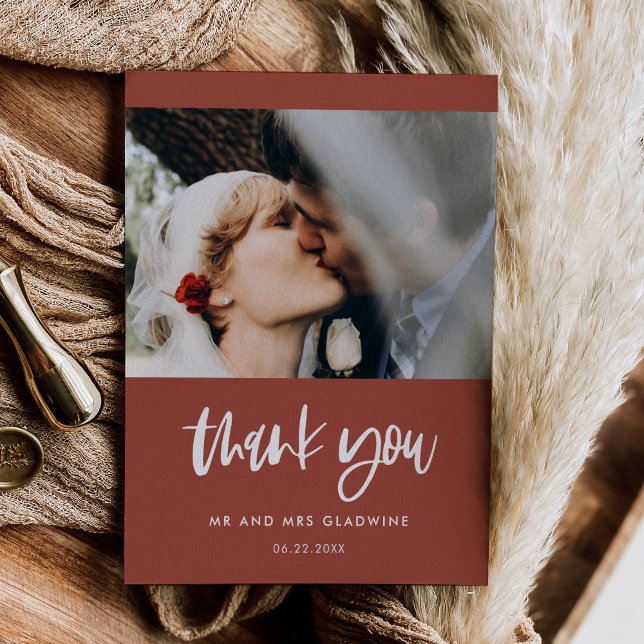 Modern elegant burnt brick wedding photo thank you card (Creator Uploaded)