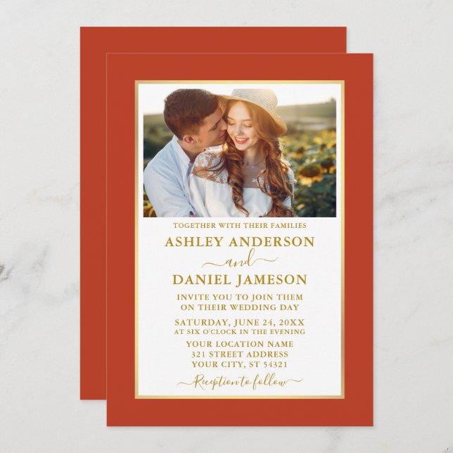 Modern Elegant Burnt Orange Gold Wedding Invitation (Front/Back)