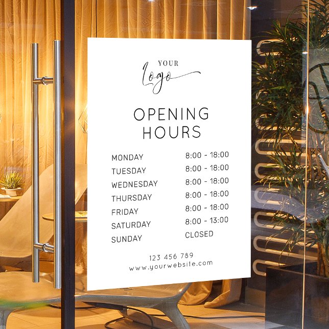 Modern Elegant Business Logo White Opening Hours (Elegant logo white and black business opening hours window cling sign)