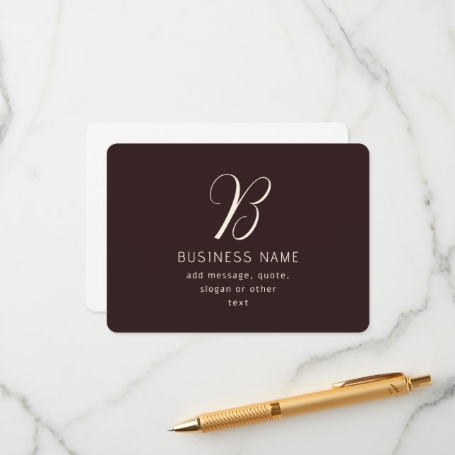 Modern Elegant Business Name Monogram | Dark Brown Enclosure Card (Front/Back In Situ)