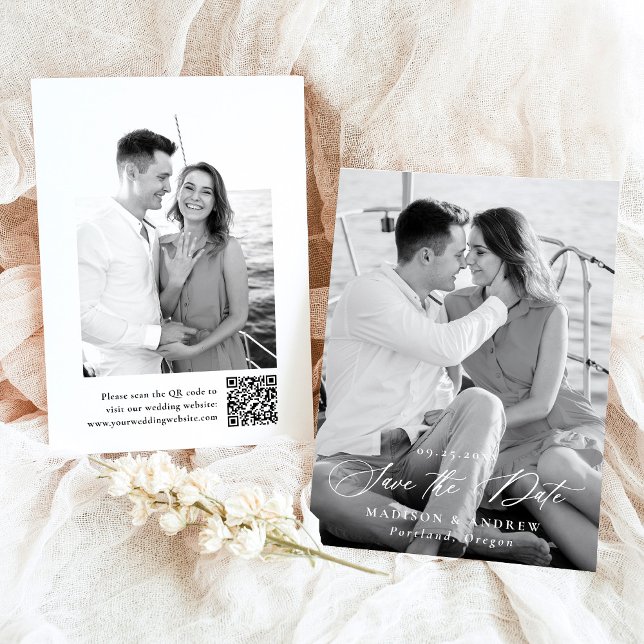 Modern Elegant Calligraphy 2 Photo QR Code Wedding Save The Date (Creator Uploaded)