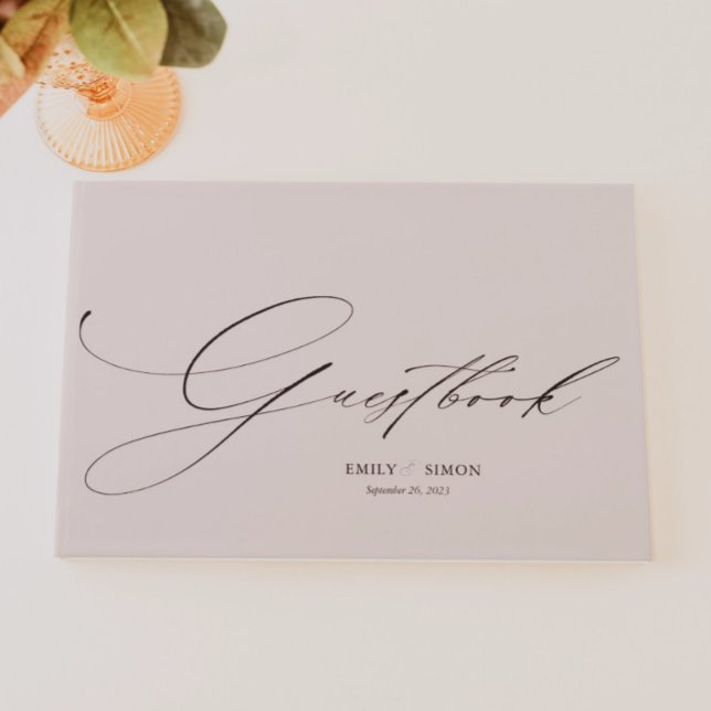Modern Elegant Calligraphy Beige Wedding Guest Book (blush pink wedding guest book, modern elegant script, simple light pink guest book, dainty script)