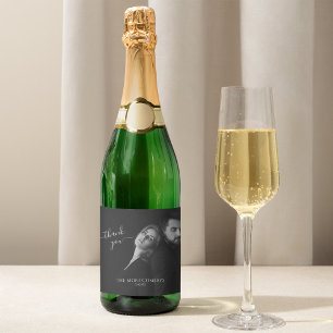 Modern Elegant Calligraphy Black and White Photo Sparkling Wine Label