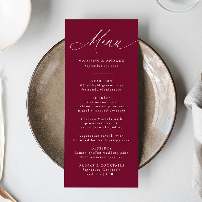 Modern Elegant Calligraphy Burgundy Wedding Menu (Creator Uploaded)