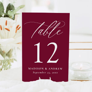 Modern Elegant Calligraphy Burgundy Wedding Table Number
