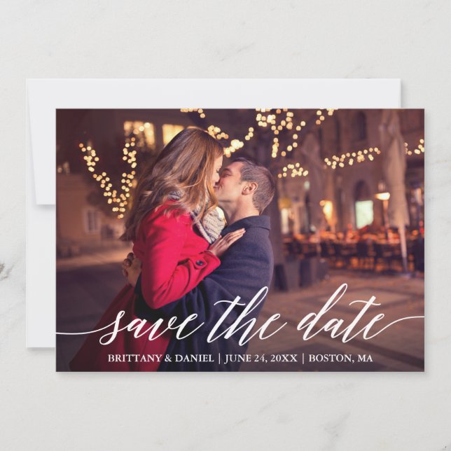 Modern Elegant Calligraphy Couple Photo Save The Date (Front)