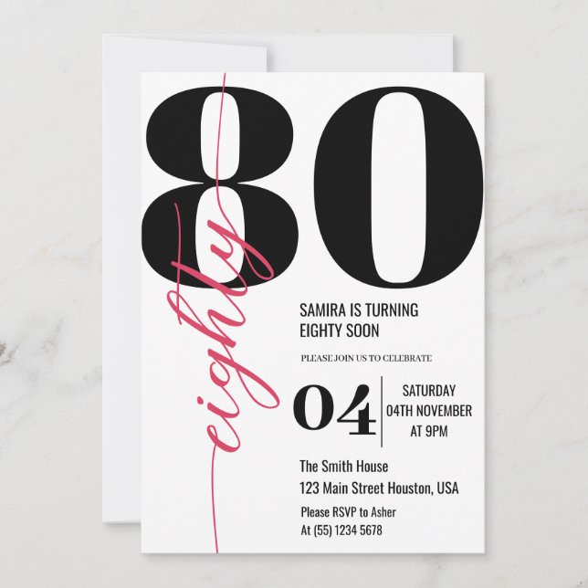 Modern Elegant Calligraphy EIGHTY 80th Birthday  Invitation (Front)