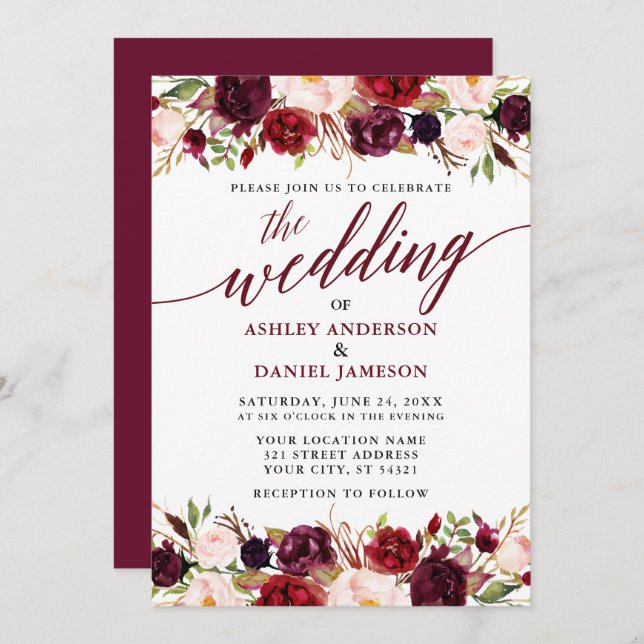 Modern Elegant Calligraphy Floral Burgundy Wedding Invitation (Front/Back)